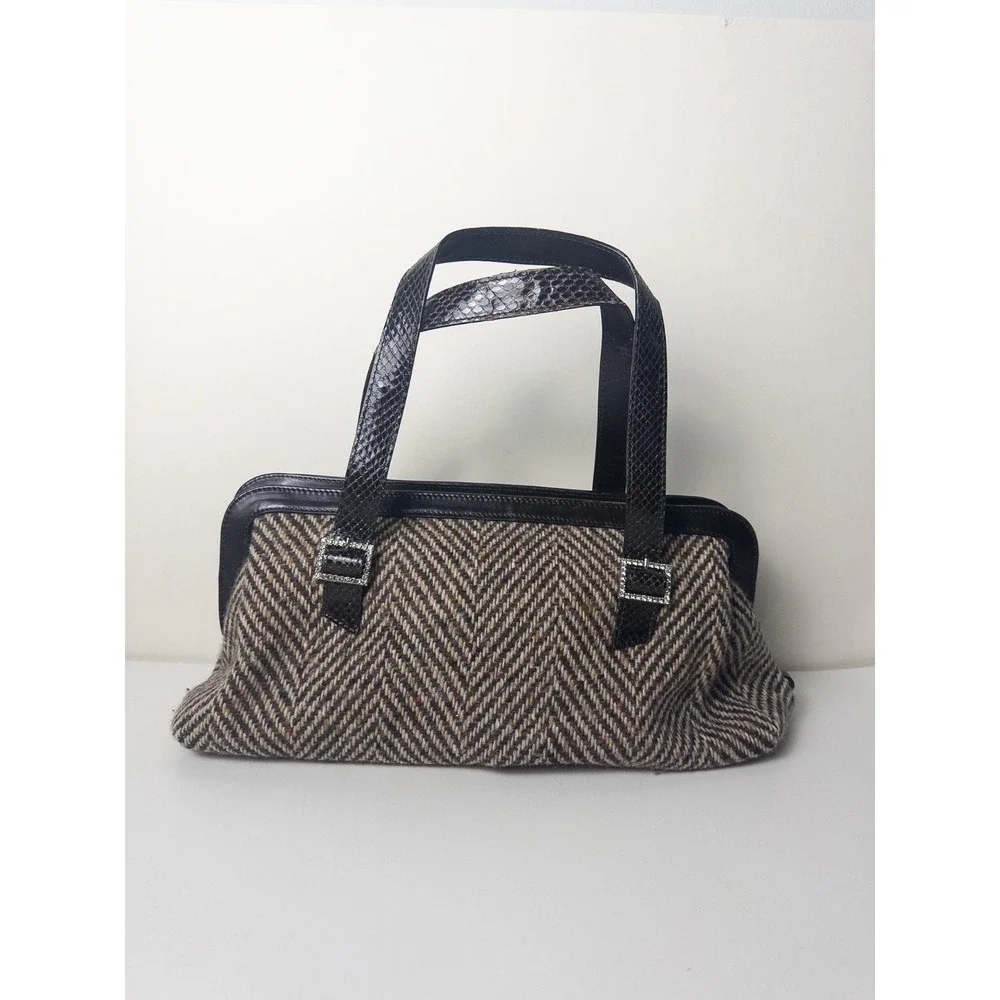 VTG Y2K Kate Spade Tweed Herringbone Handbag Womens Brown‎ Snakeskin